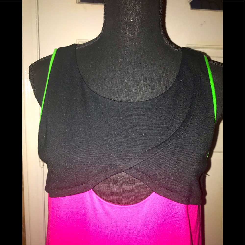 Woman’s dress black/pink trimmed in green. Worn only once